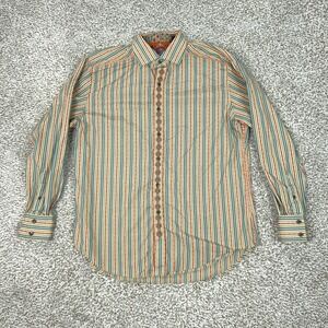 Robert Graham Shirt Mens Large Beige Flip Cuff Embroidered Button Striped Work
